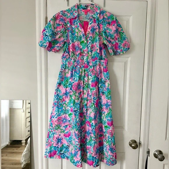 Lilly Pulitzer Pink Tropical Floral Dress with Blue & Green Accents - Picture 1 of 2